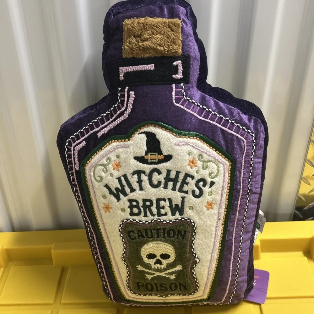 Witch's Brew Decorative Pillow-Purple Bottle Caution Skull!